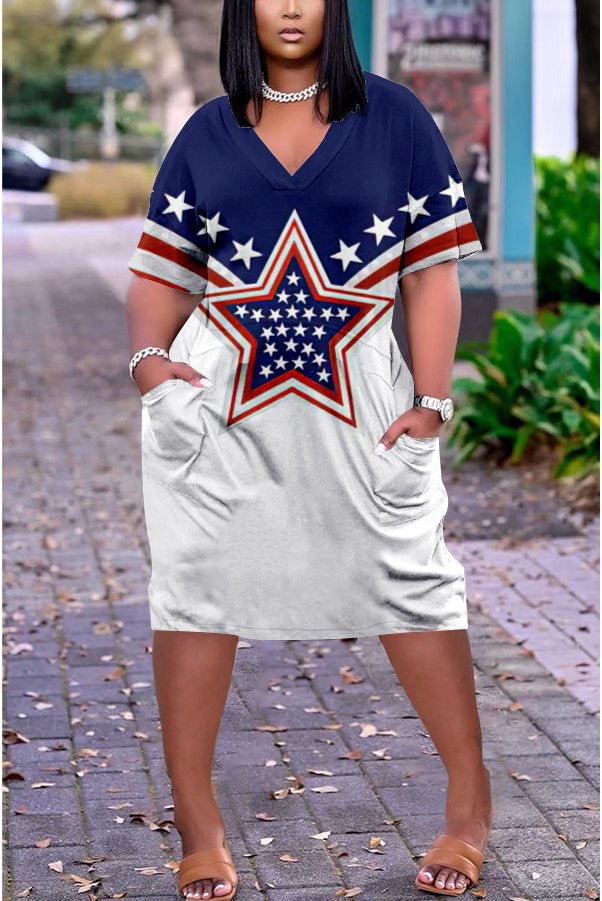 3D printed loose large size V-neck casual dress