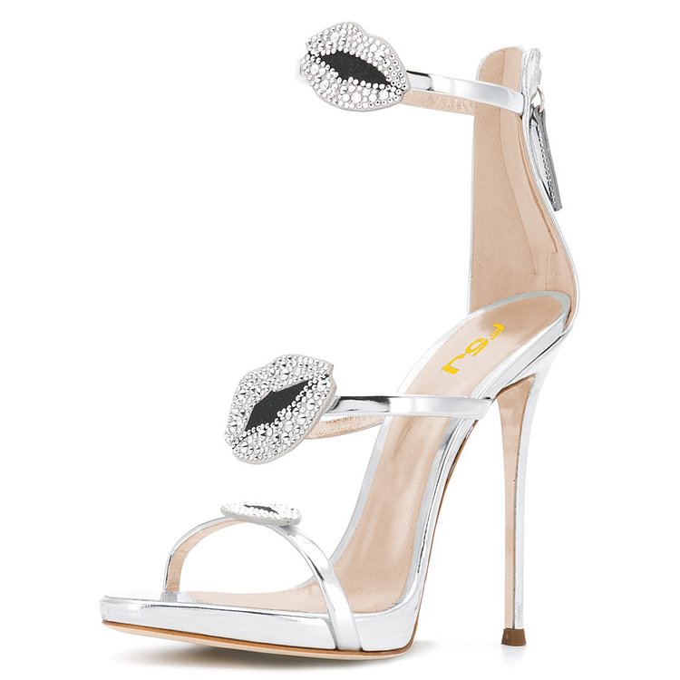 Silver Metallic Rhinestones Lips Tri Straps Ankle Strap Sandals |FSJ Shoes