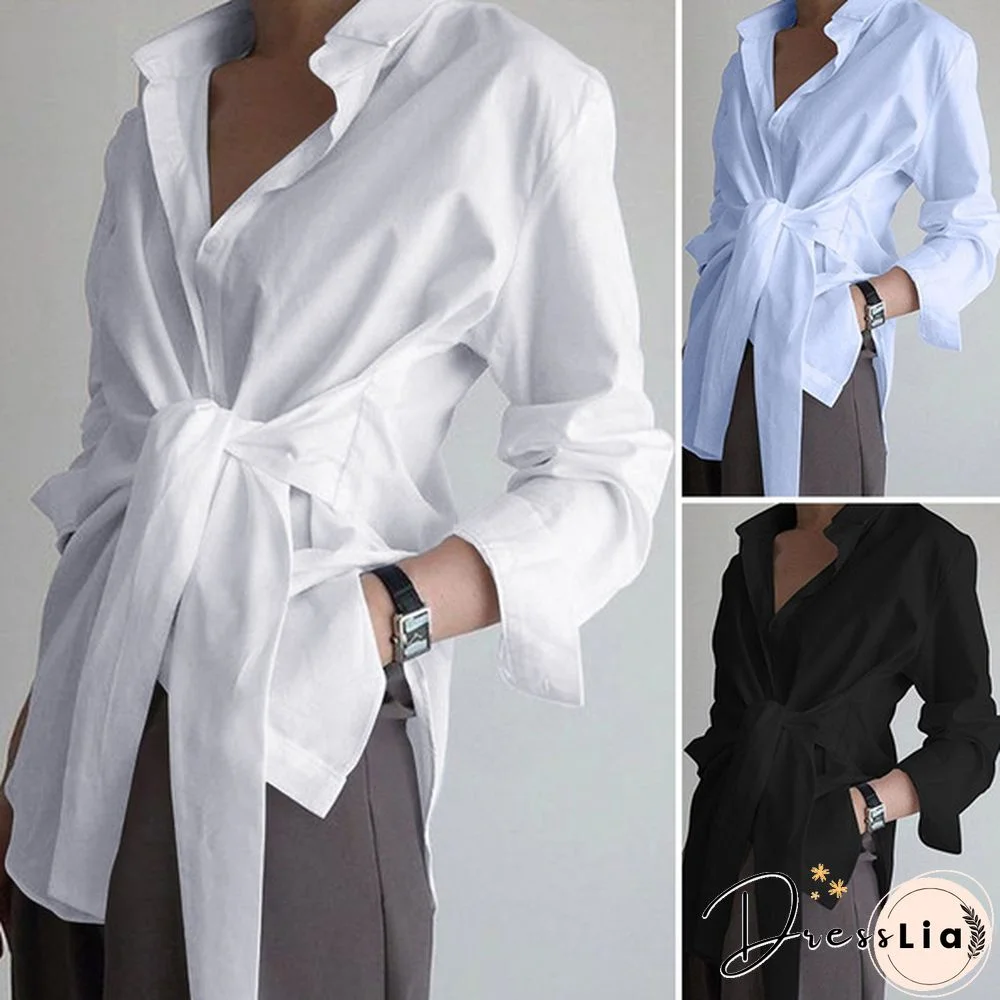 Spring New Women Turn Down Collar Button Down Shirts Casual Solid Color Long Sleeve Blouse Tops