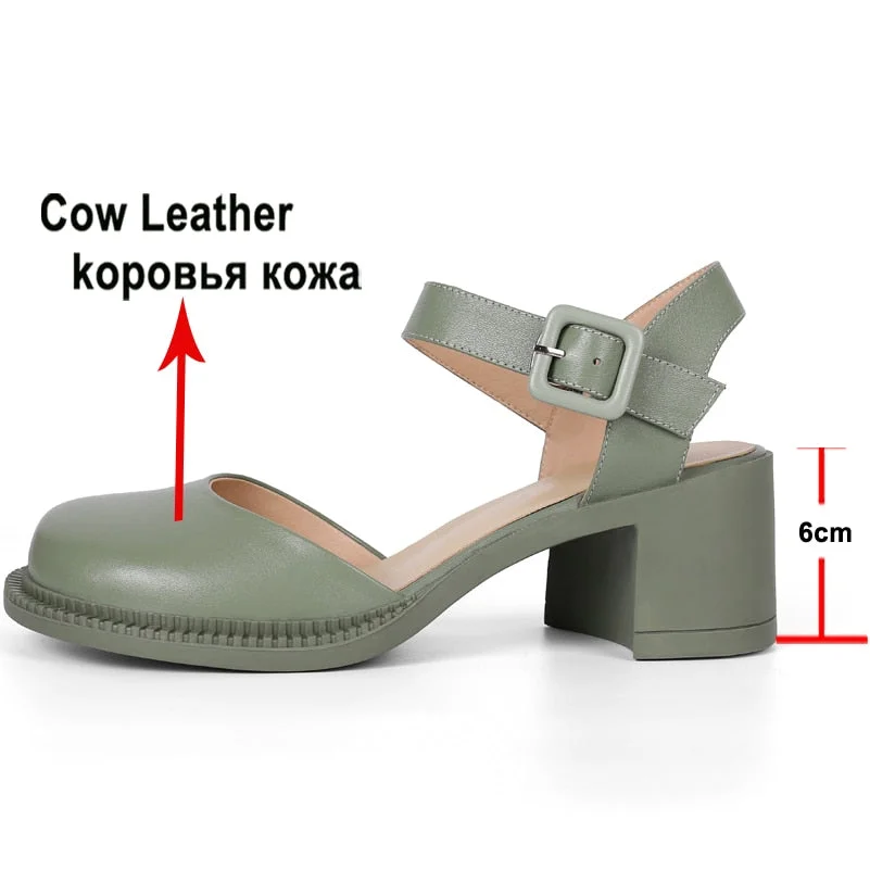 Meotina Genuine Leather Women Slingbacks Shoes Thick Heels Pumps Round Toe Buckle High Heel Ladies Footwear Spring Green 40