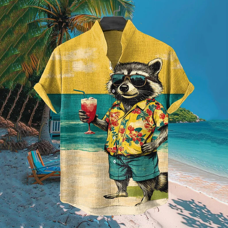 Men's Raccoon Drinking Juice At The Beach Vacation Art Linen Blend Cozy Shirt