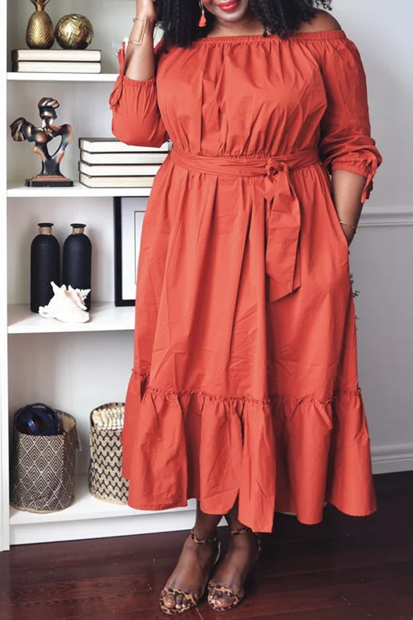 Simple Off Shoulder Solid Color Long Sleeve Lace-Up Ruffle Maxi Dress
