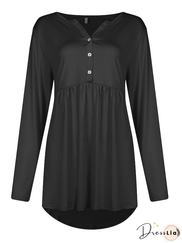 T shirt Tee Light Blue claret Deep Purple Plain Button Flowing tunic Long Sleeve Daily Weekend Basic V Neck Long Plus Size L for Women