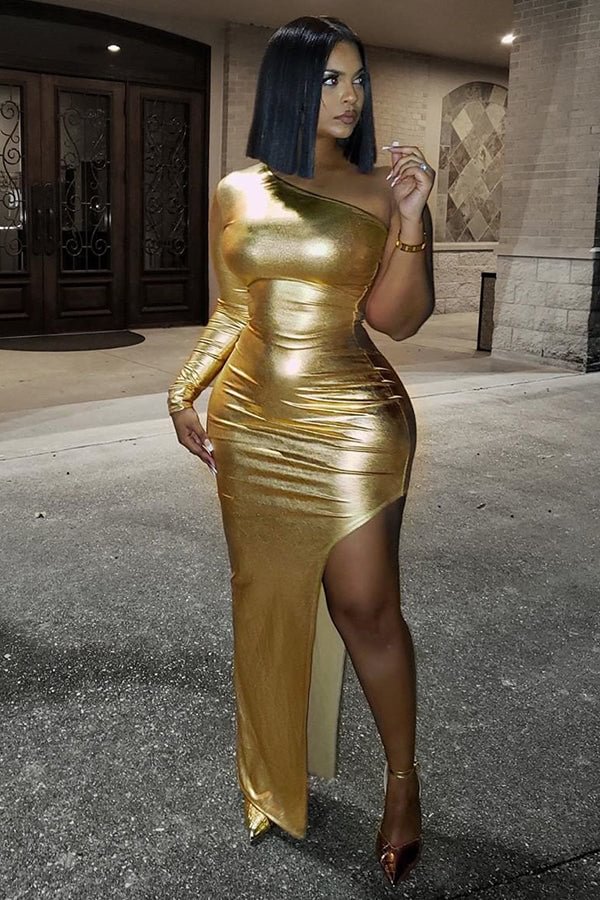 Gold One Shoulder Tight Slit Party Cocktail Maxi Dresses