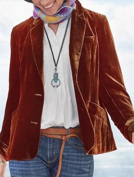 Lapel Plain Loose Velvet Coat