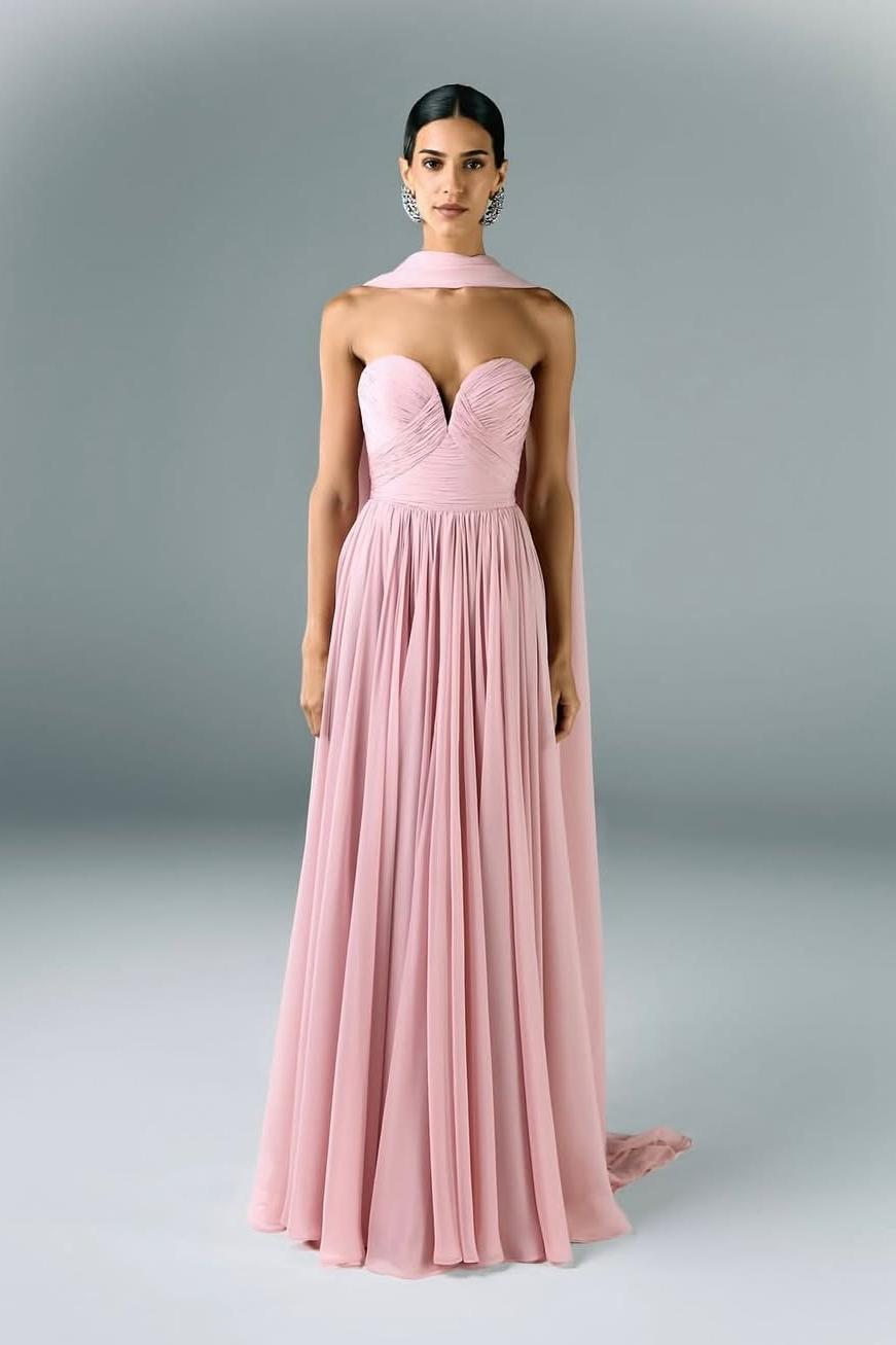 Beautiful Rose Pink Satin Sweetheart Sleeveless Long Pleated Prom Dress with Scarf | MS0514 