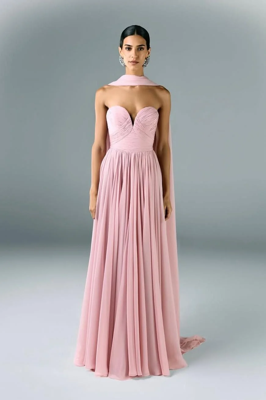 Miabel Beautiful Rose Pink Satin Strapless Sweetheart Sleeveless Long Pleated Prom Dress with Scarf 