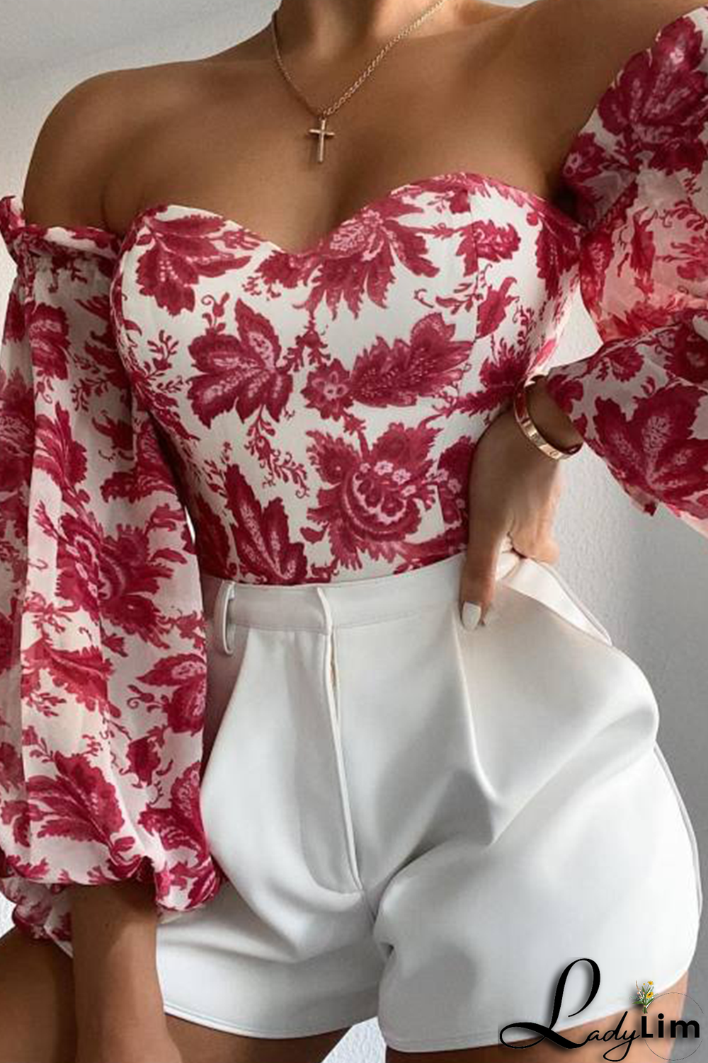 Khaki Fashion Print Patchwork Off the Shoulder Tops