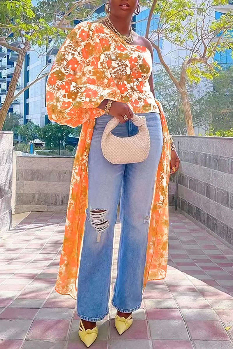 Chiffon Floral Print One Shoulder Lantern Sleeve Tie Up Sash Vacation Top