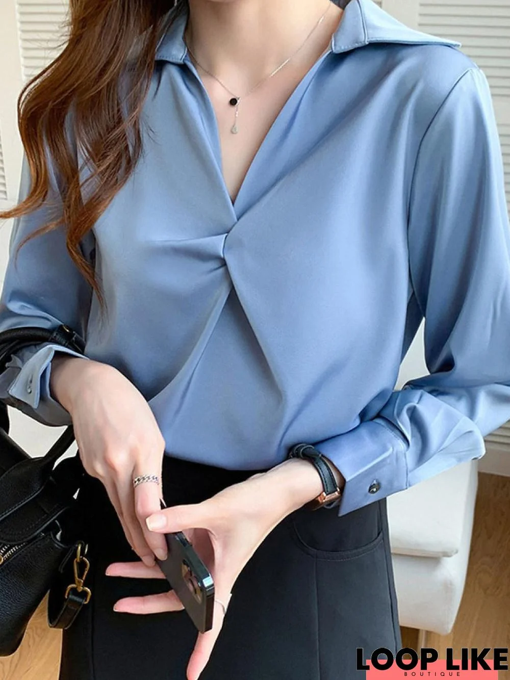 Elegant Solid Color Long Sleeve Satin Shirt