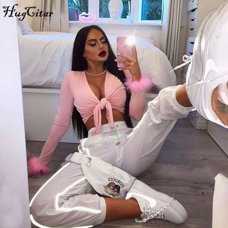 Hugcitar 2019 long sleeve fur V-neck wrapped bandage sexy crop tops autumn winter women streetwear club party outfits T-shirts