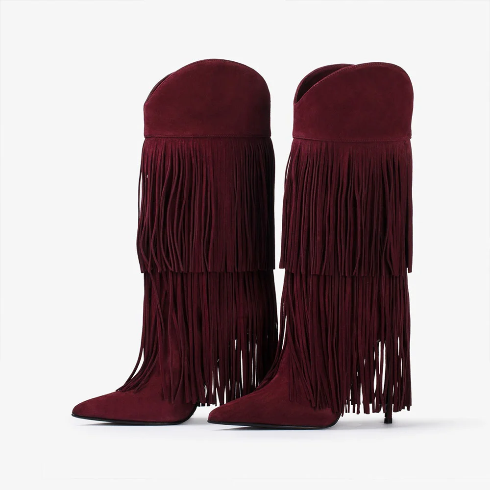 Women's Maroon Pointed Toe Slip On Heeled Mid Calf Boots with Fringe