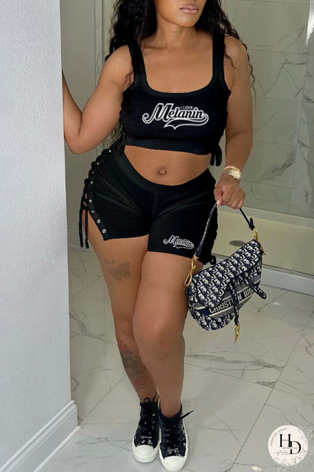 Black Casual Print Bandage U Neck Sleeveless Two Pieces