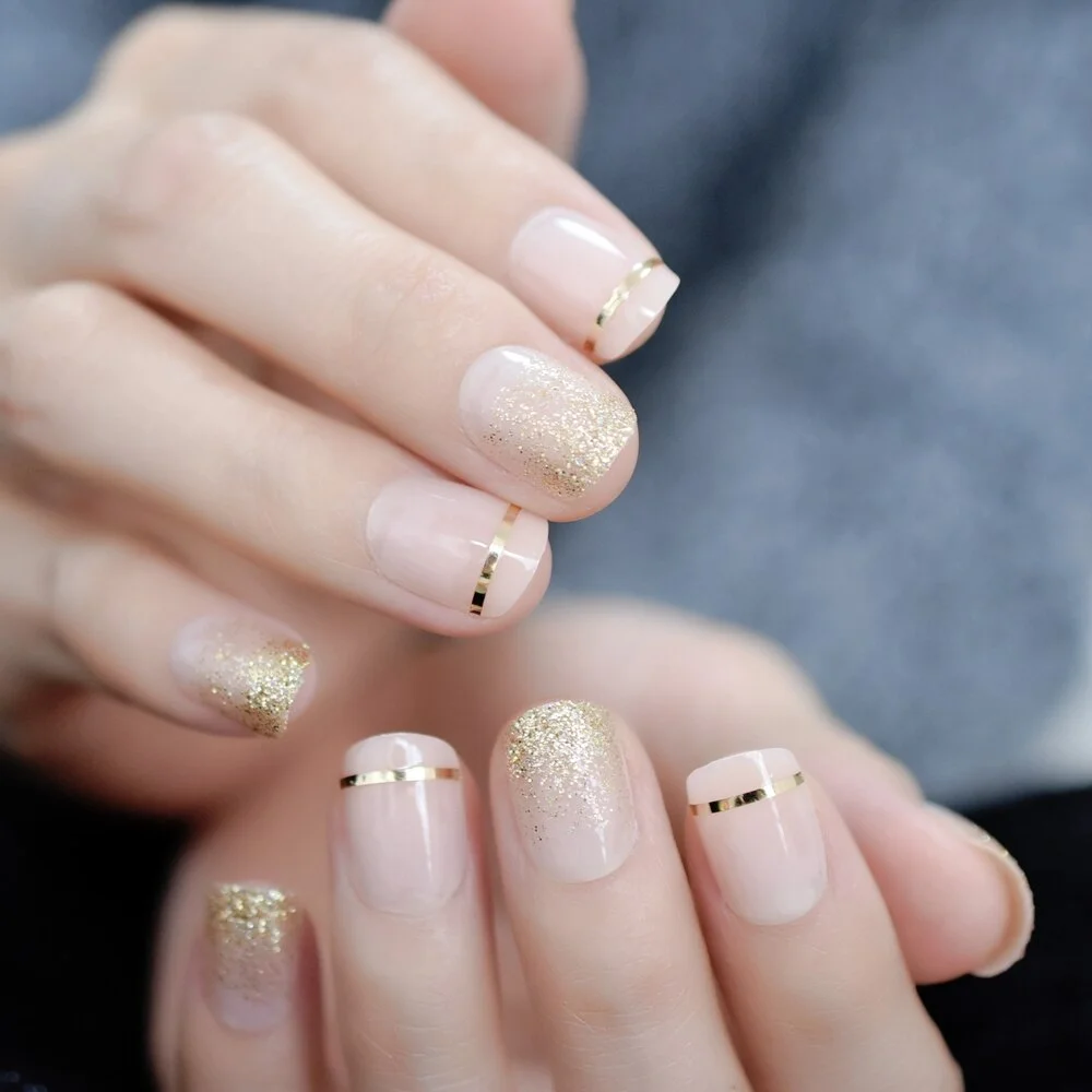 Golden Line Fadeing Glitter Pinkly Simple Deisng Nails Squoval Short Nails Tips Fingernails Art Supplies For Professionals EchiQ-Nail Inspo