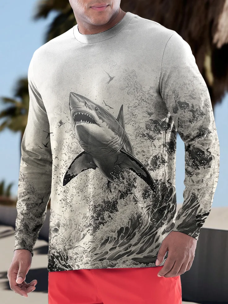 Men's Hawaii Sea Shark Print Long Sleeve T-Shirt