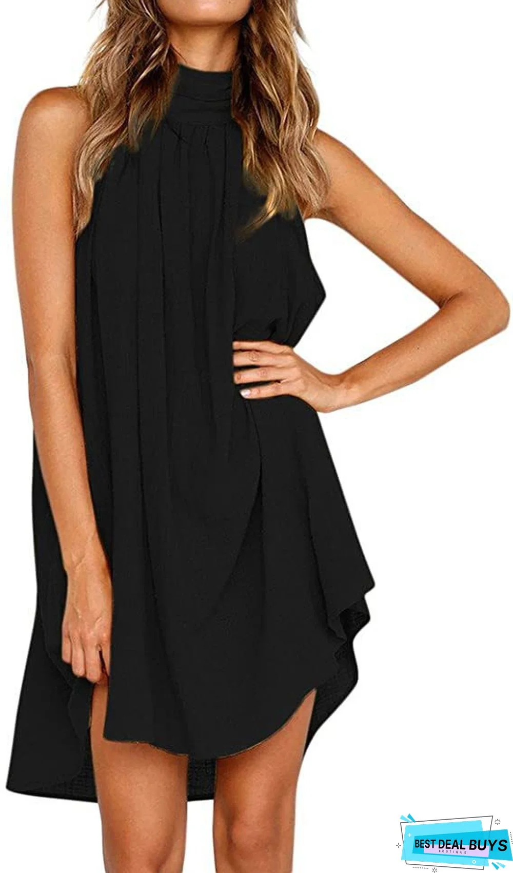 Trendy Printed Round Neck Pleated Sleeveless Dress