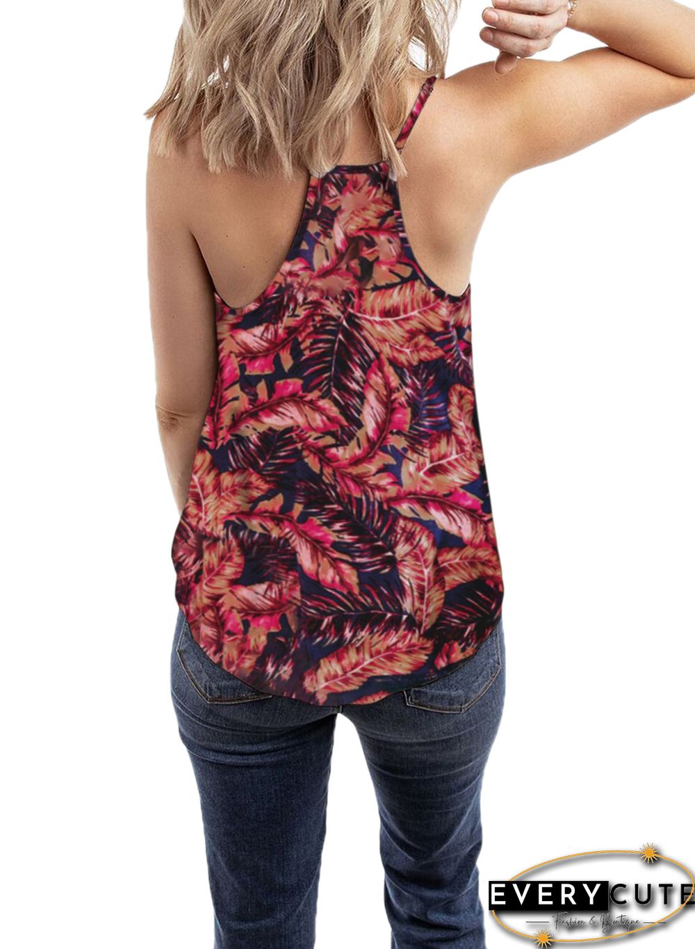 V Neck Strappy Tropical Print Tank Top
