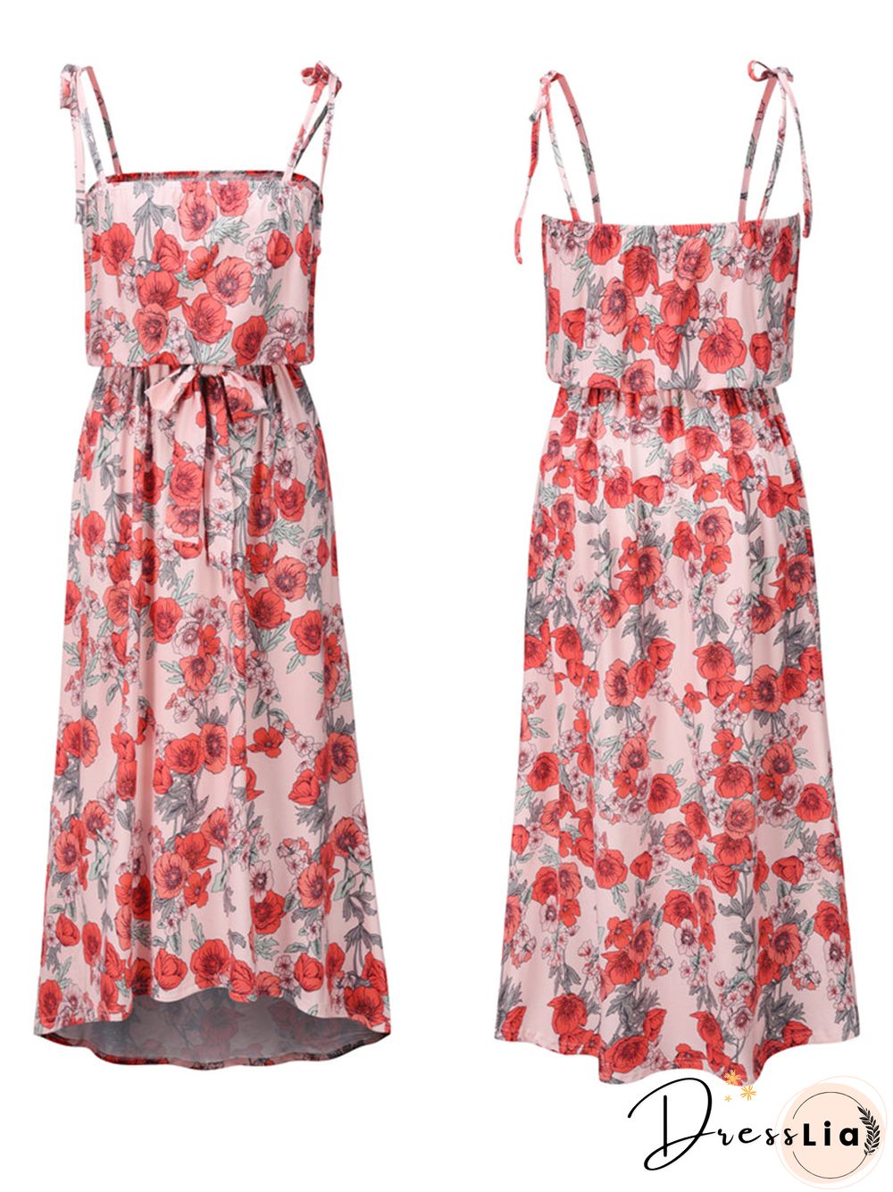 Adjustable Spaghetti Strap Floral Tie Front Sleeveless Maxi Dress