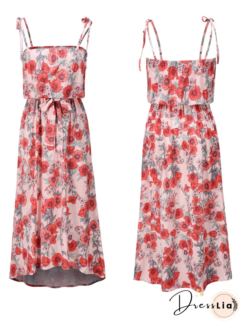 Adjustable Spaghetti Strap Floral Tie Front Sleeveless Maxi Dress