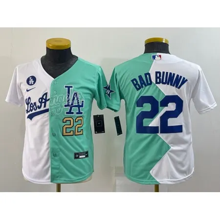 Youth Los Angeles Dodgers #22 Bad Bunny 2022 All-Star White/Green Split Stitched Jersey AGP4