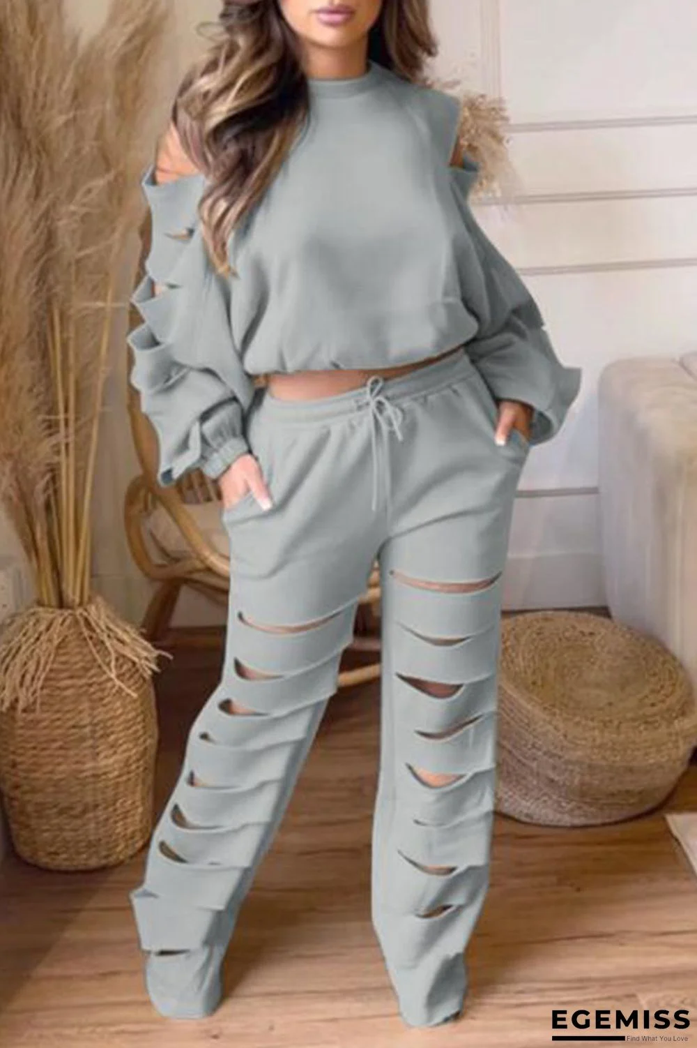 Grey Casual Street Solid Hollowed Out Patchwork O Neck Long Sleeve Two Pieces | EGEMISS