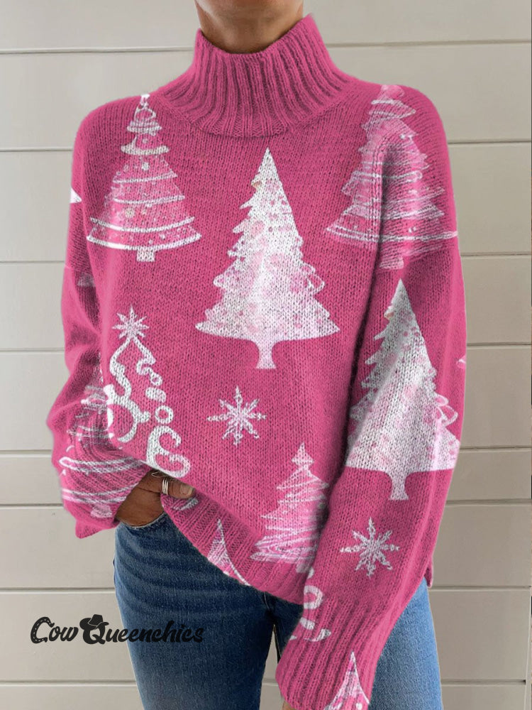 Pink Christmas Tree Printed Knit Turtleneck Pullover Sweater Multicolor / S