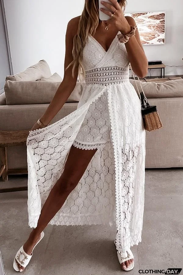 V-neck Lace Patchwork Slit Dress Romper