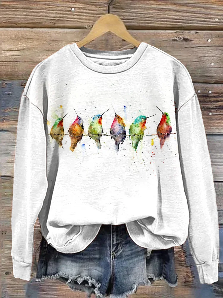 Watercolor Birds Print Casual Cozy Sweatshirt