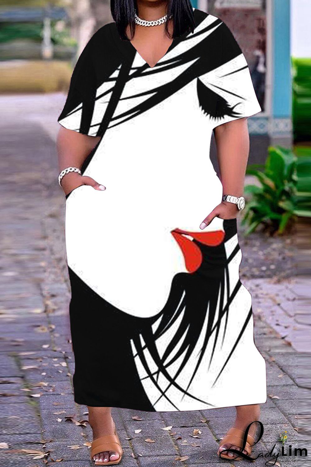 Orange Fashion Casual Print Patchwork V Neck Short Sleeve Dress