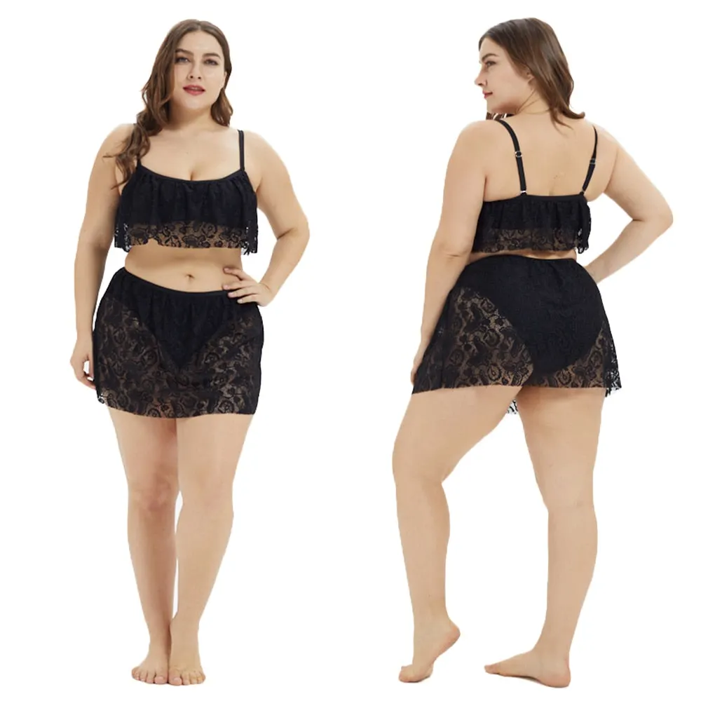Sale Plus Size Sexy Lace Women Tankini Swimsuit Bikini High Waist Beachwear Solid Summer Padded Swimwear Halter Bikini Set D30
