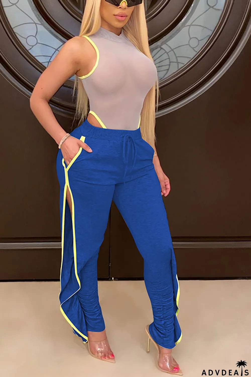 Grey Black Grey Blue Green Yellow Cotton Drawstring Sleeveless Mid Patchwork Solid Split Draped Straight Pants Bottoms