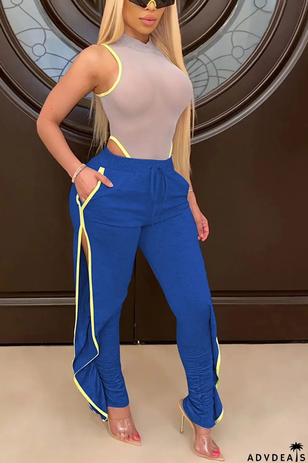 Grey Black Grey Blue Green Yellow Cotton Drawstring Sleeveless Mid Patchwork Solid Split Draped Straight Pants Bottoms