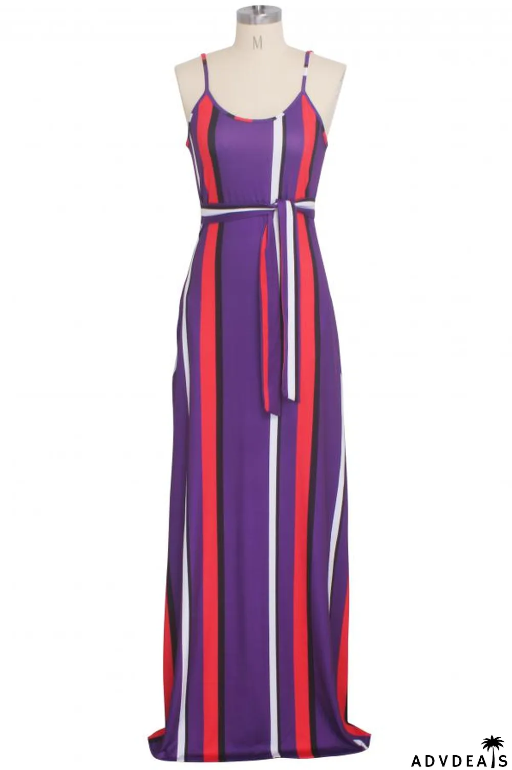purple Polyester Fashion Sexy Spaghetti Strap Sleeveless Slip A-Line Floor-Length Print asymmetrical Stripe