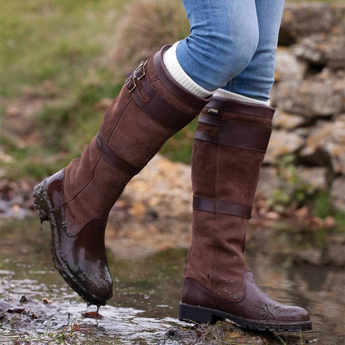 GOOSHOE PU Round Toe Low Heel Knee High Knight Boots