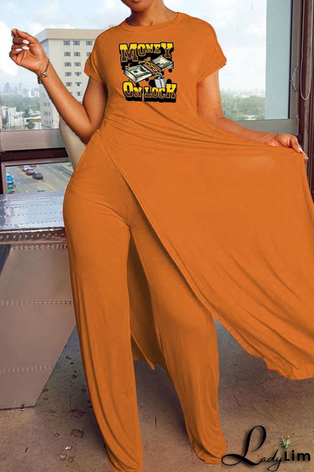 Black Casual Print Patchwork Slit O Neck Short Sleeve Two Pieces