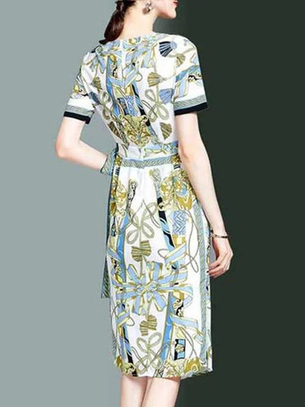 Bateau/boat Neck White-Green Dresses Sheath Daily Paneled Dresses