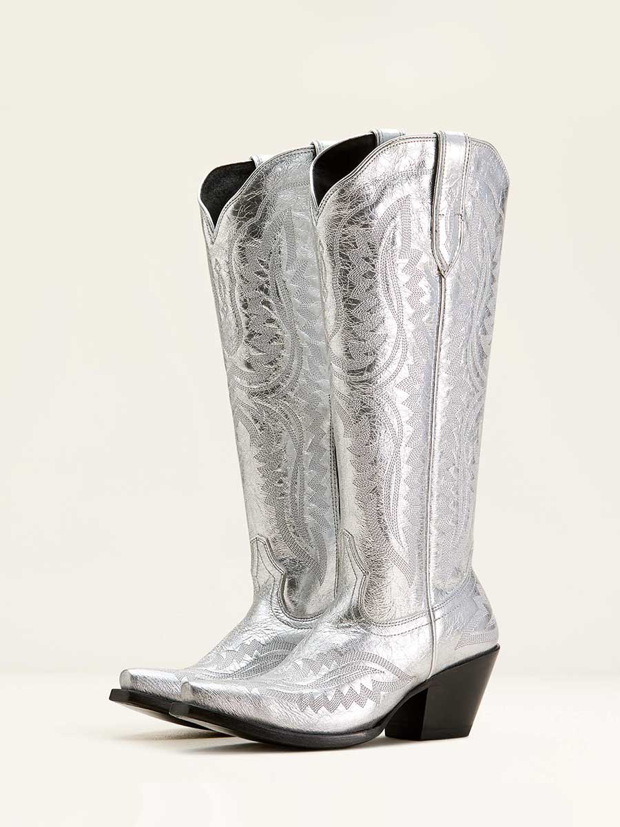 Elegant Silver Metallic Finish Embroidered Knee-High Cowgirl Boots with Zipper Closure