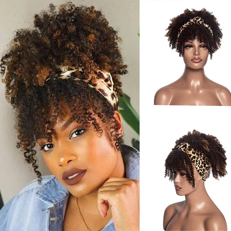 Hot Sexy Kinky Curly Mixed Brown Wigs with Leopard Headband-elleschic