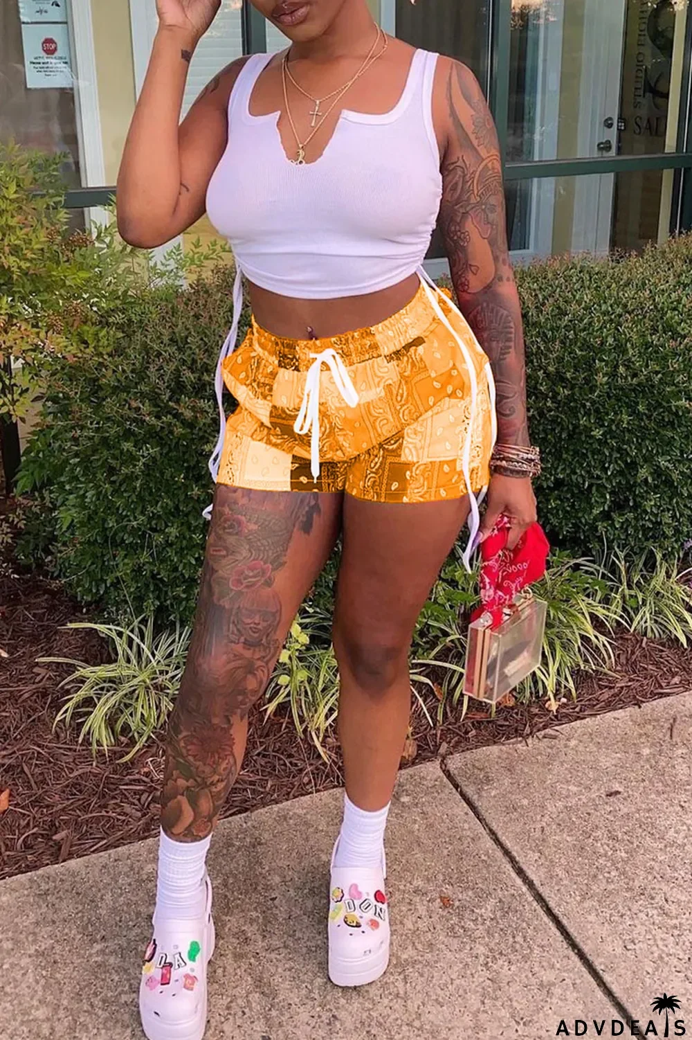 Grey Sexy Print Ripped Contrast Spaghetti Strap Sleeveless Two Pieces