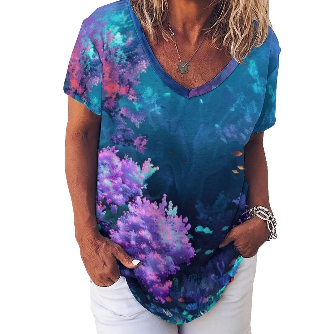 V-neck Short Sleeve Casual T-shirt for  Women Printed with Pattern Ocean, Blue, Sea, Fish