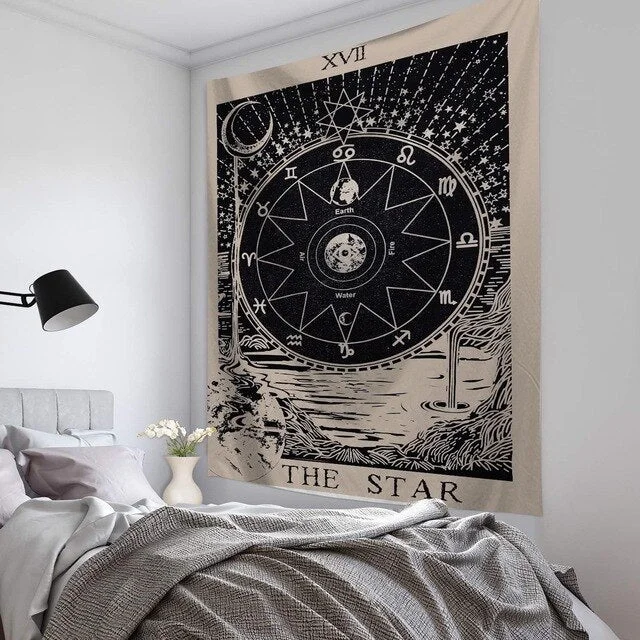 Tarot Sun moon Tapestry Watercolor Wall Hanging The Moon Wall Tapestries Black and White Bohemian Wallpaper The Star Wall Decor