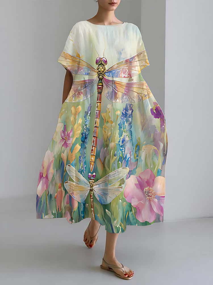 Insect Art Dragonfly Pattern Vintage Short Sleeve Loose Midi Dresses