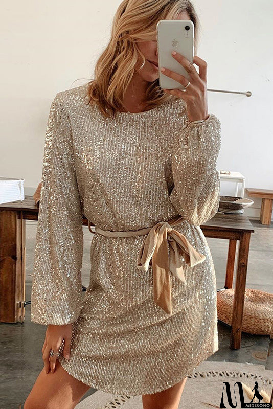 MidiSono - Long Sleeve Boat Neck Sequined Party Mini Dress