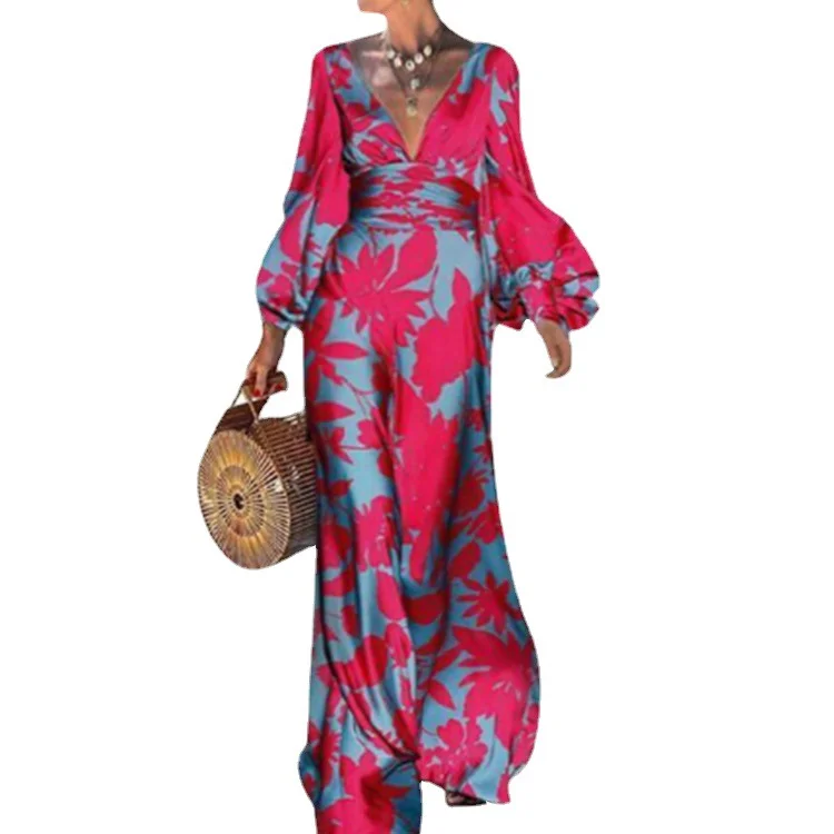 Uveng Uveng High-Waisted Commuter Dress Printed Lantern Sleeve V-Neck Winter Dress 661