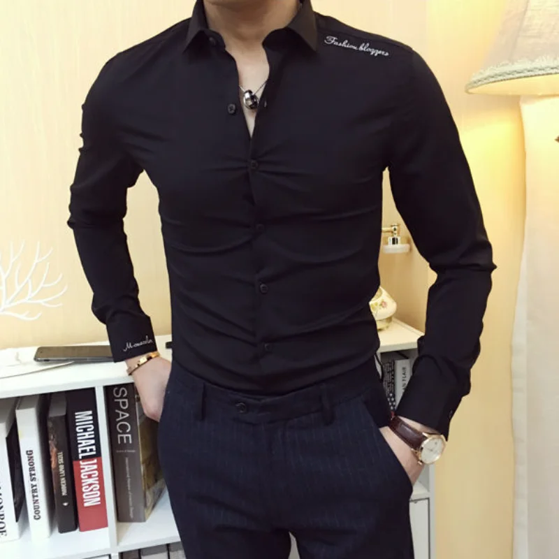 Abeerbajpai men costume adult Men's Shirt and Blouse Black Clothes Formal Male Top Long Sleeve Business Cheap Brand with Sleeves Slim Fit Hipster Asia Collar