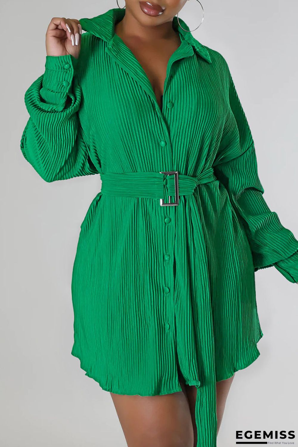 Green Casual Solid Patchwork Buckle Fold Turndown Collar Dresses | EGEMISS