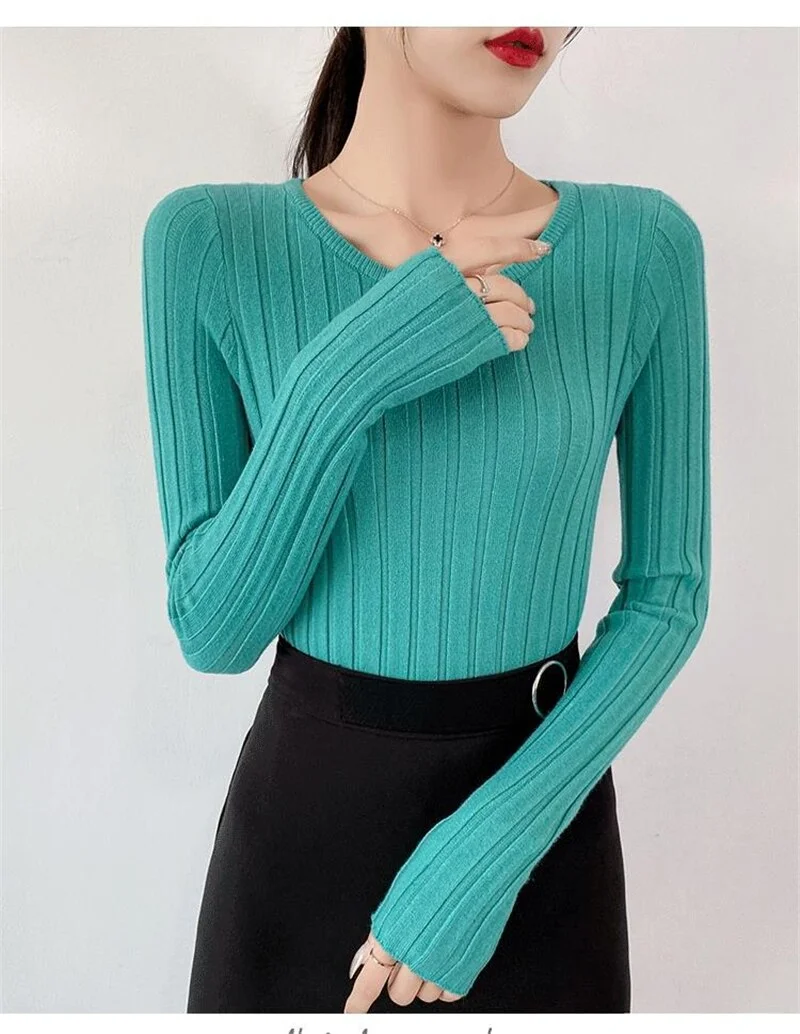 Hirsionsan Elegant Knitted Sweater Women Bottoming Slim Sexy Female Knitwear Casual Skinny Pullovers Ladies Solid Basic Jumper