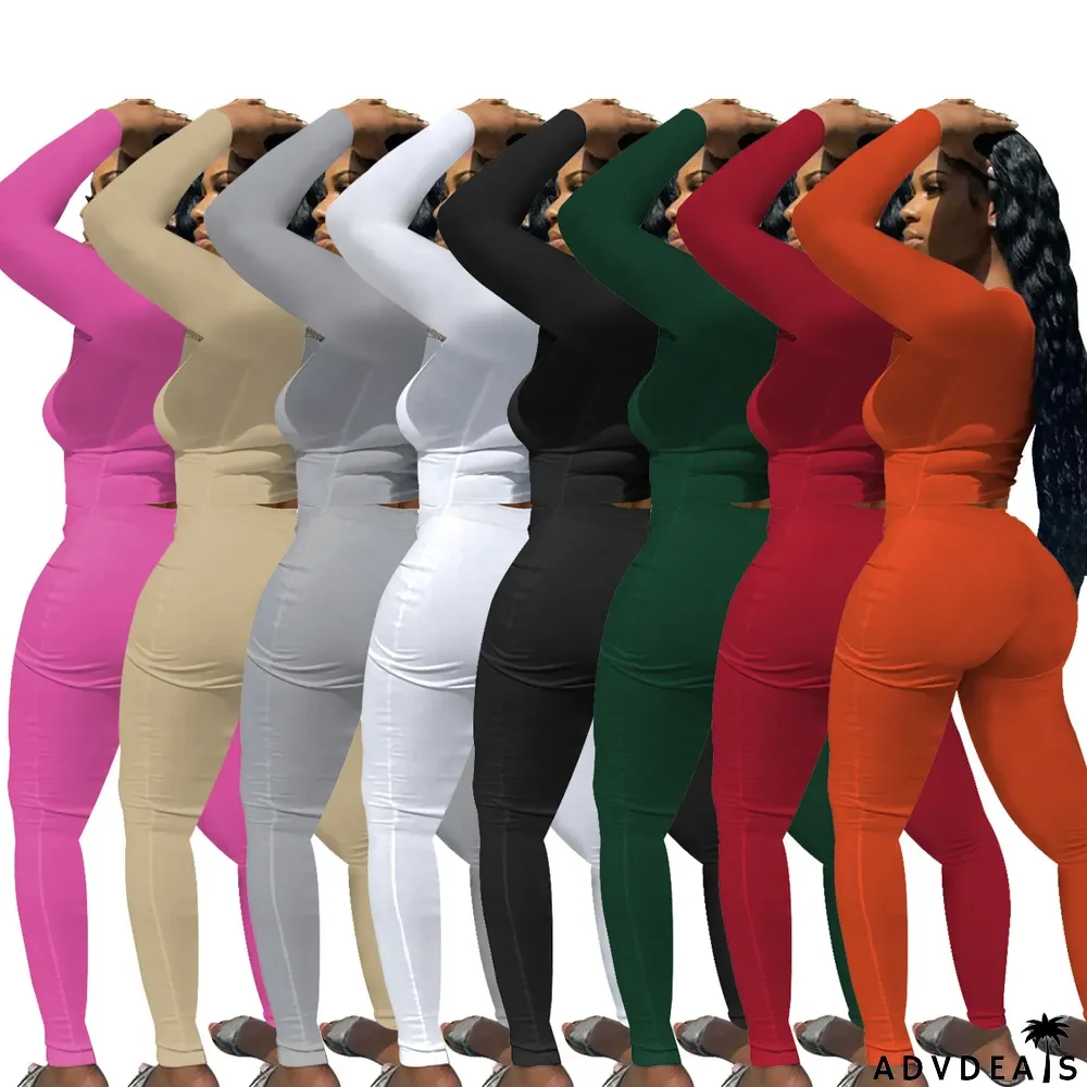 Solid Long Sleeve Stretchy Slim Two Piece Pants Set