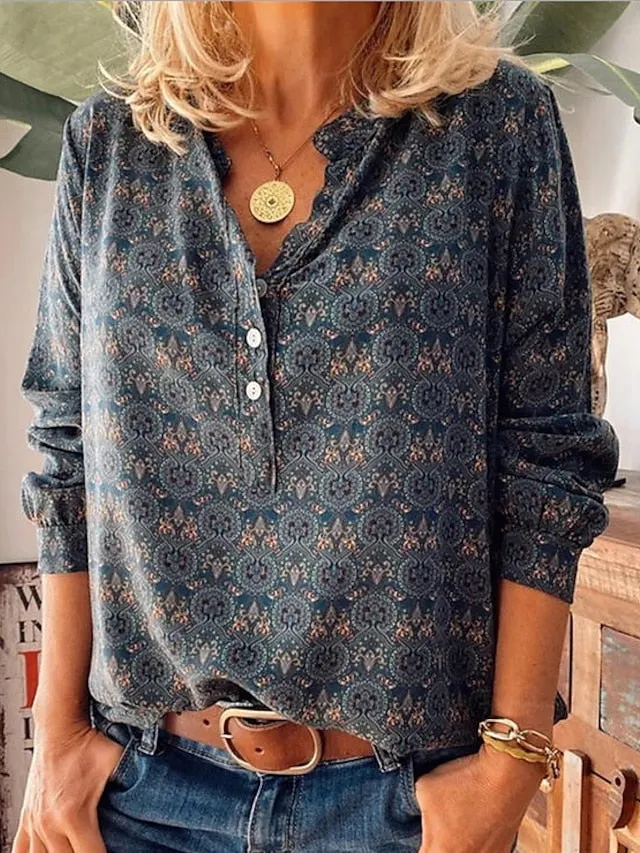 Shirt Blouse Wine Dusty Blue Purple Floral Geometric Button Long Sleeve Casual Daily