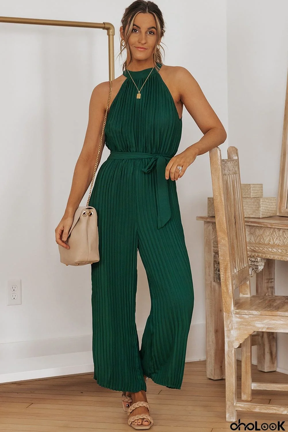 Accordion Pleated Belted Grecian Neck Sleeveless Jumpsuit
